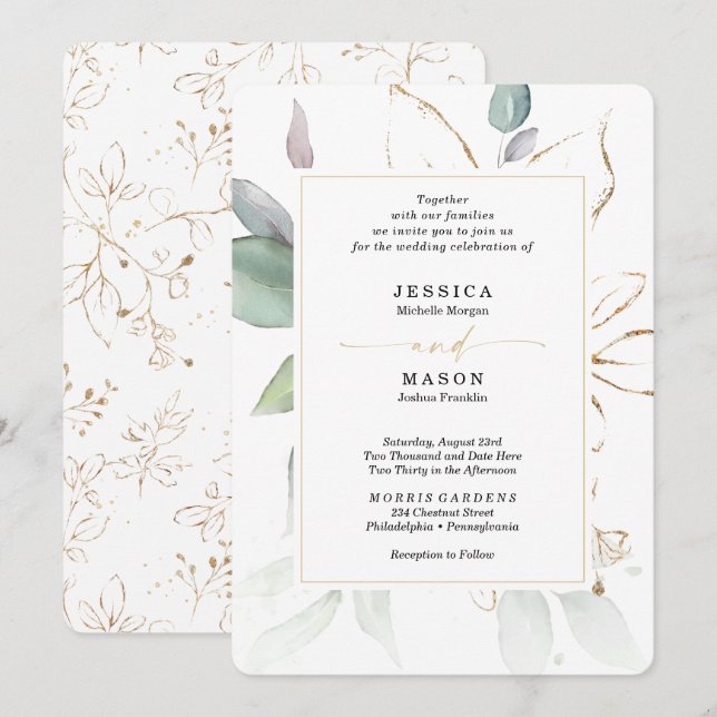 Watercolor Greenery with Sage and Gold Wedding Inv Invitation (Front/Back)