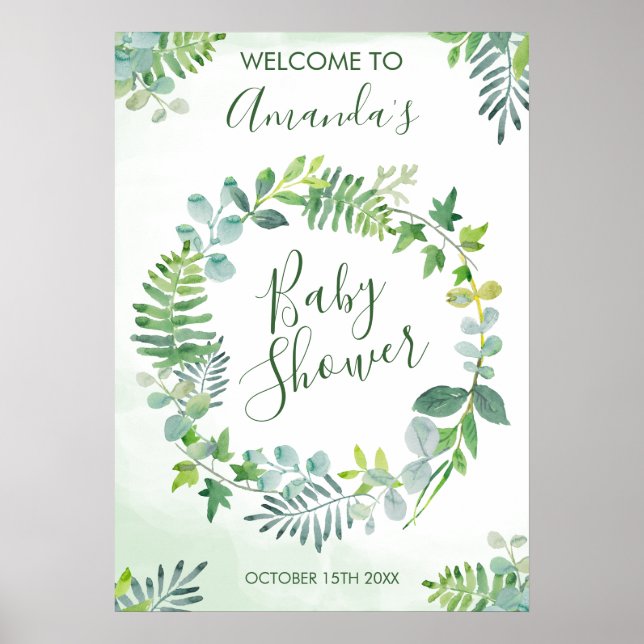 Watercolor Greenery Wreath Baby Shower Poster (Front)