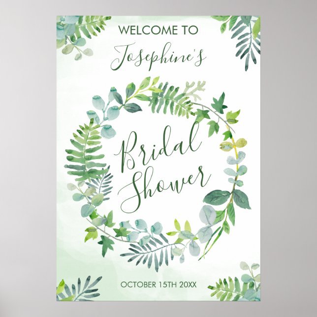 Watercolor Greenery Wreath Bridal Shower Poster (Front)