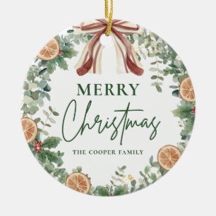Watercolor Greenery Wreath Custom Name Christmas Ceramic Ornament