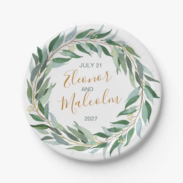 Watercolor greenery wreath, eucalyptus Wedding Paper Plate (Front)
