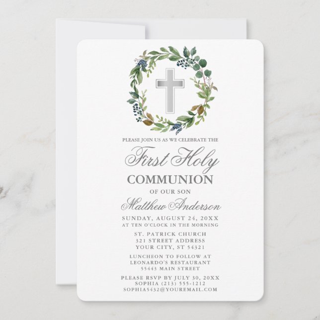 Watercolor Greenery Wreath First Communion Invitation (Front)