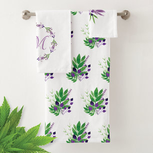 Watercolor Greenery Wreath Monogram Bath Towel Set