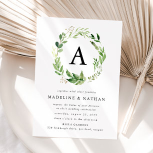 Watercolor Greenery Wreath Monogram Wedding Invitation