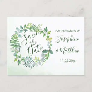 Watercolor Greenery Wreath Save the Date Announcement Postcard
