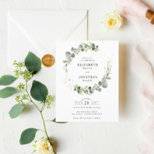 Watercolor greenery wreath wedding invitation