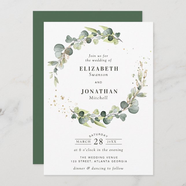 Watercolor greenery wreath wedding invitation (Front/Back)