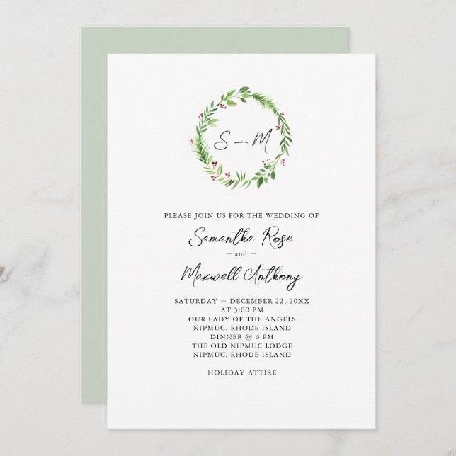 Watercolor Greenery Wreath Wedding Invitation (Front/Back)