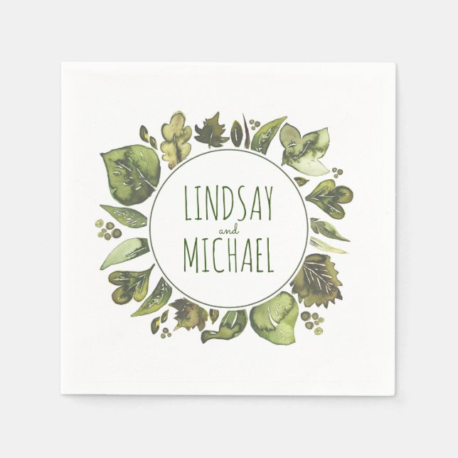 Watercolor Greenery Wreath Wedding Napkin (Front)
