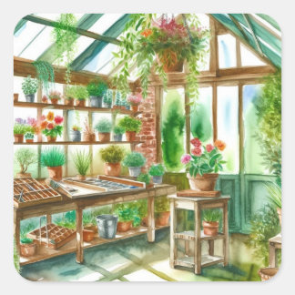 Watercolor Greenhouse Square Sticker