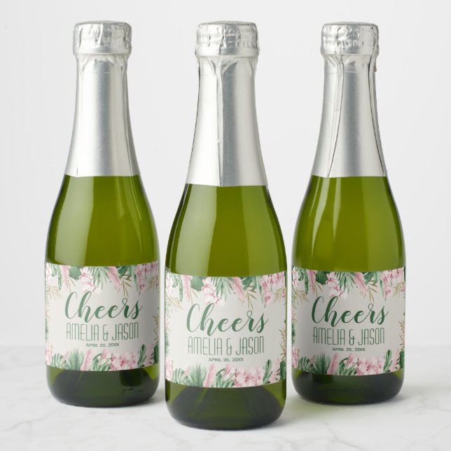 Watercolor Greens and Pink Tropical Sparkling Wine Label (Bottles)