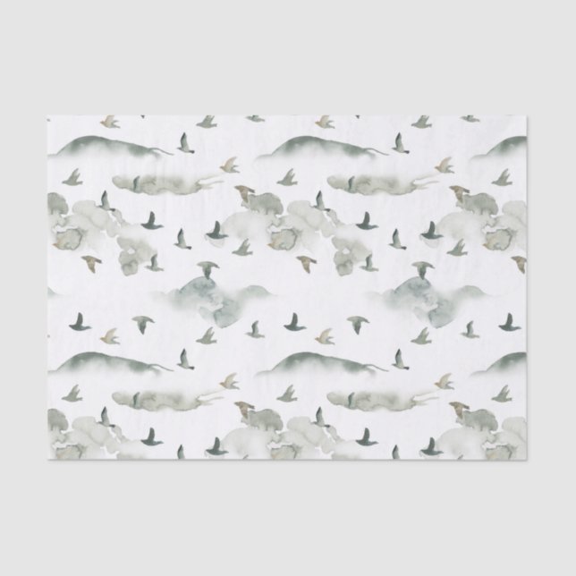 Watercolor Grey and White Flying Birds Tissue Paper (Front)