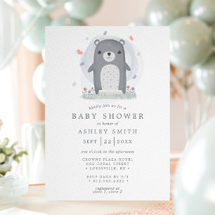 Watercolor Grey Bear Cute Simple Boys Baby Shower Invitation