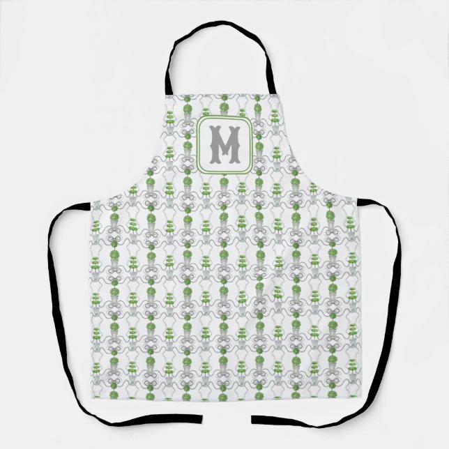 Watercolor Grey Bows and Green Topiary Monogram Apron (Front)