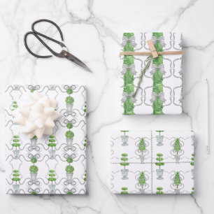 Watercolor Grey Bows and Green Topiary Wrapping Paper Sheet