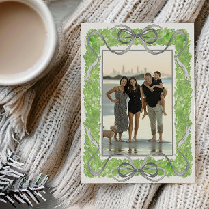 Watercolor Grey Bows & Green Garland Topiary Photo Holiday Card