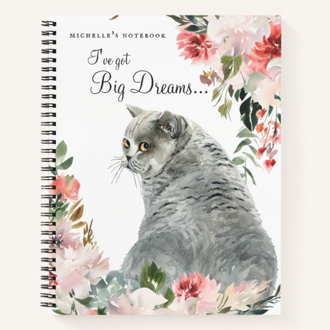 Watercolor Grey Cat Floral Quote & Monogram Notebook (Front)
