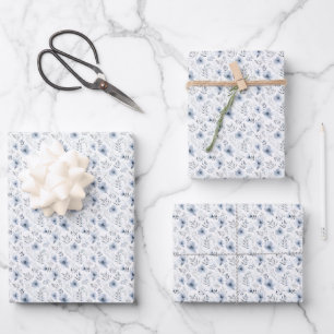 Watercolor Grey Flowers & Leaves on White Wrapping Paper Sheet