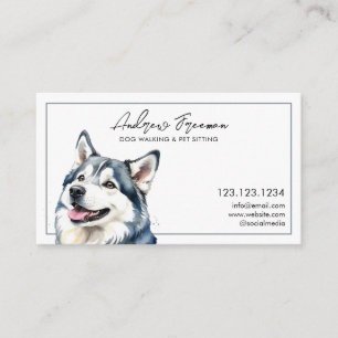 Watercolor Grey Husky Dog Walking Business Card