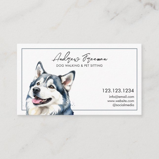 Watercolor Grey Husky Dog Walking Business Card (Front)