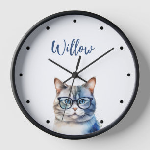 Watercolor Grey Tabby Cat Personalised Clock