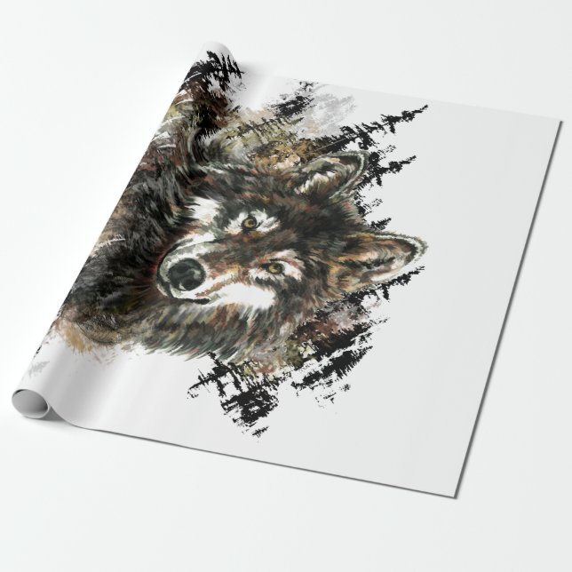 Watercolor  Grey Wolf Logo Animal Nature wolves Wrapping Paper (Unrolled)