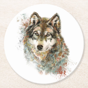 Watercolor Grey Wolf Wildlife Animal Nature Art Round Paper Coaster