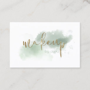 Watercolor Greyed Jade and Gold Makeup Business Card