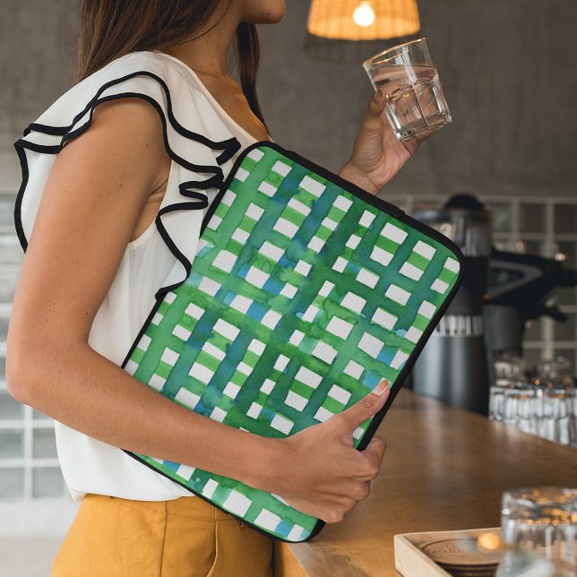 Watercolor grid – green laptop sleeve (Creator Uploaded)