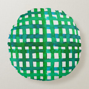 Watercolor grid – green round cushion