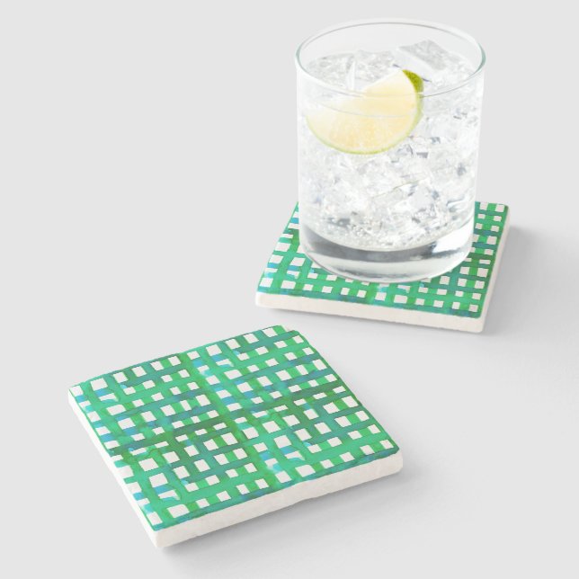 Watercolor grid – green stone coaster (Side)