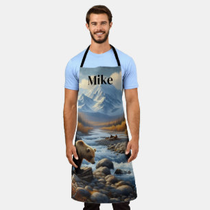 Watercolor Grizzly Bear by Stream Men's Nature  Apron
