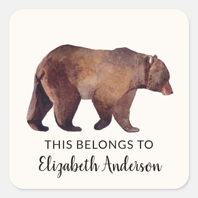 Watercolor Grizzly Bear Personalised  Square Sticker (Front)