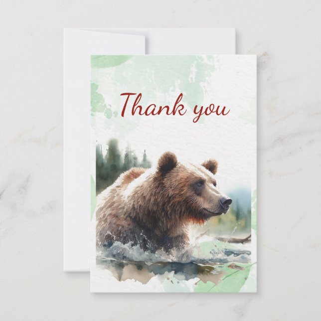 Watercolor Grizzly Bear Wildlife Nature Animal Thank You Card (Front)