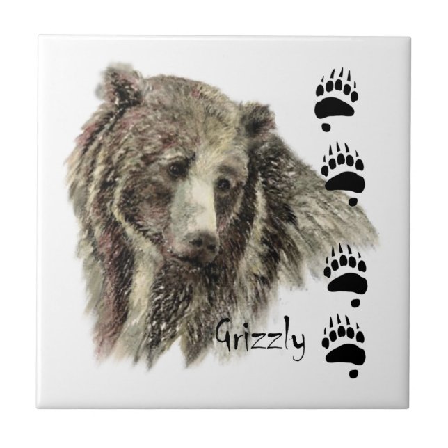 Watercolor Grizzly Bear Wildlife Nature Art Ceramic Tile (Front)