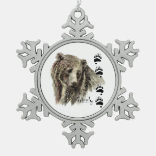 Watercolor Grizzly Bear Wildlife Nature Art Snowflake Pewter Christmas Ornament