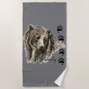 Watercolor Grizzly Bear with Tracks Animal Nature Beach Towel