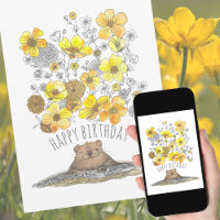 Watercolor Groundhog and Buttercups Happy Birthday