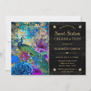 Watercolor Grunge Peacock and Flowers Sweet 16 Invitation