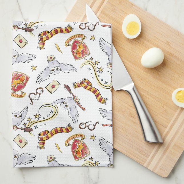 Watercolor GRYFFINDOR™ Hedwig Pattern Tea Towel (Quarter Fold)