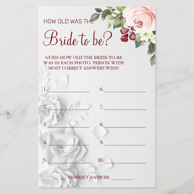 Watercolor  Guess how old was She shower game card (Front)