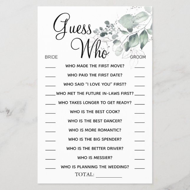 Watercolor  Guess Who Bridal shower game card (Front)