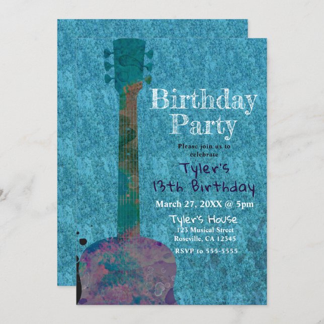 Watercolor Guitar Blue Musical Birthday Party Invitation (Front/Back)