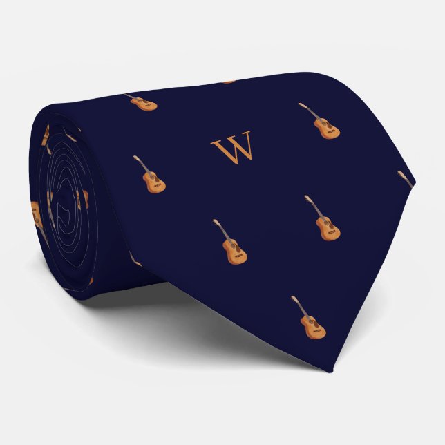Watercolor Guitar Monogram Initial Midnight Blue Tie (Rolled)
