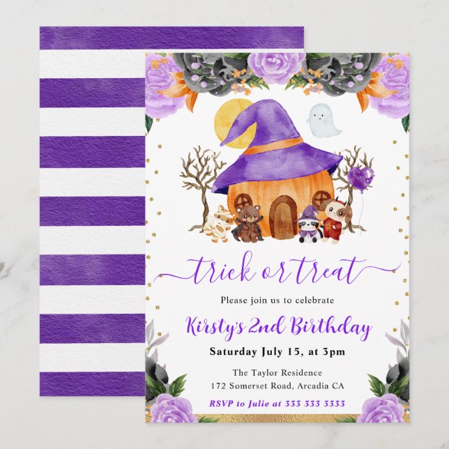 Watercolor Halloween Animals Birthday Party Invitation (Front/Back)