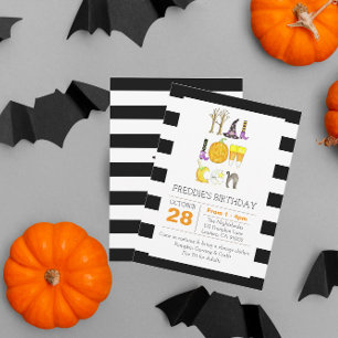 Watercolor Halloween Black and White Birthday Invitation