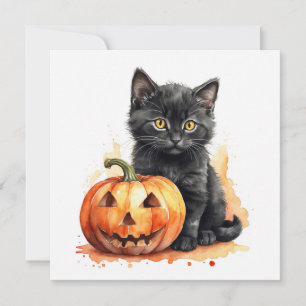 Watercolor Halloween Black Cat with Pumpkin  Holiday Card