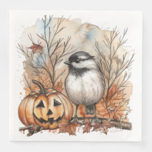Watercolor Halloween Chickadee Bird for Decoupage Napkin