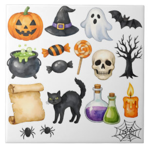 Watercolor Halloween Collage Ceramic Tile