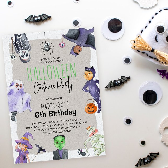 Watercolor Halloween Costume Kids Birthday Party Invitation (Creator Uploaded)